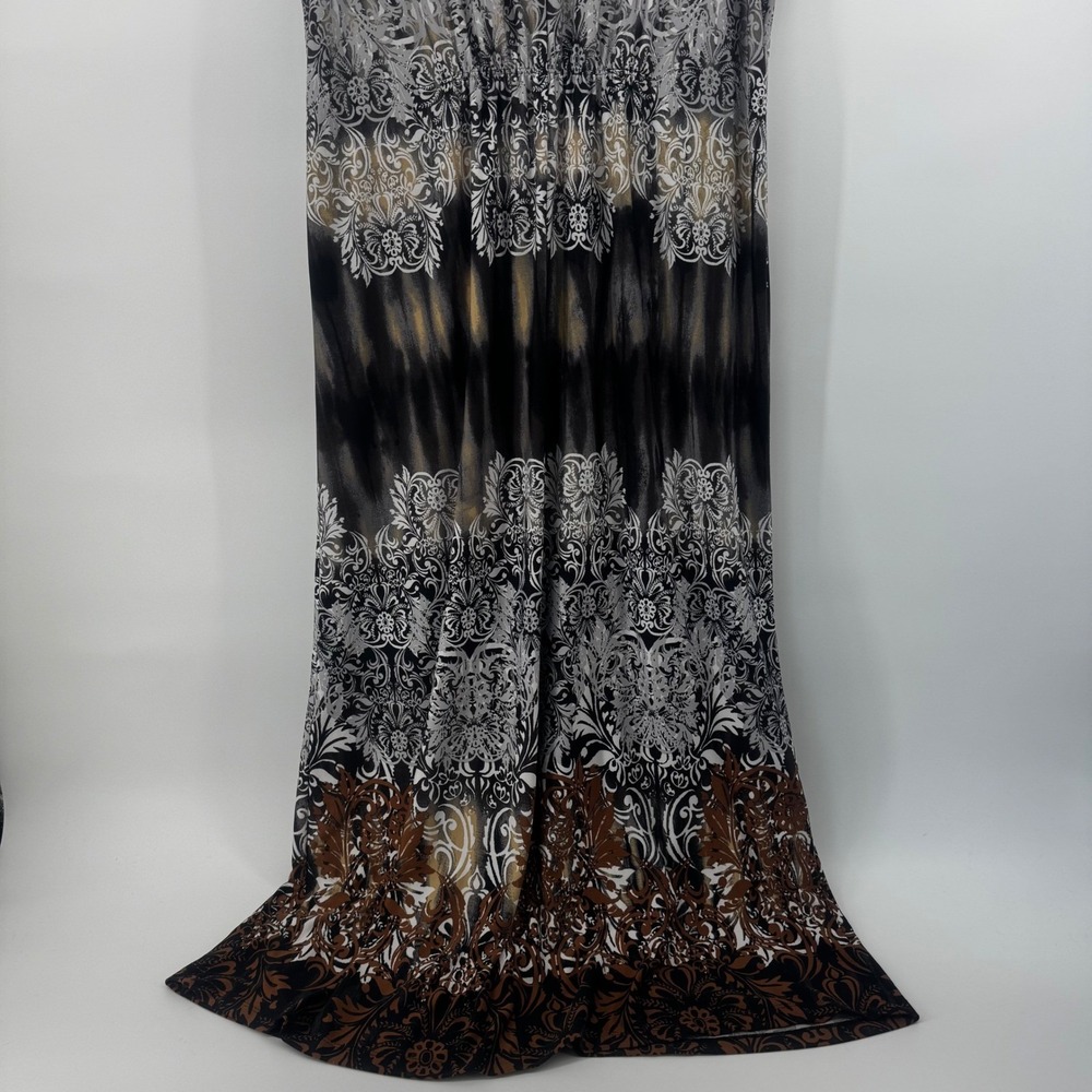 Boho Maxi Dress 0X 14/16W Embellished Beaded Neck Brown Black Stretch Resort - Picture 16 of 16